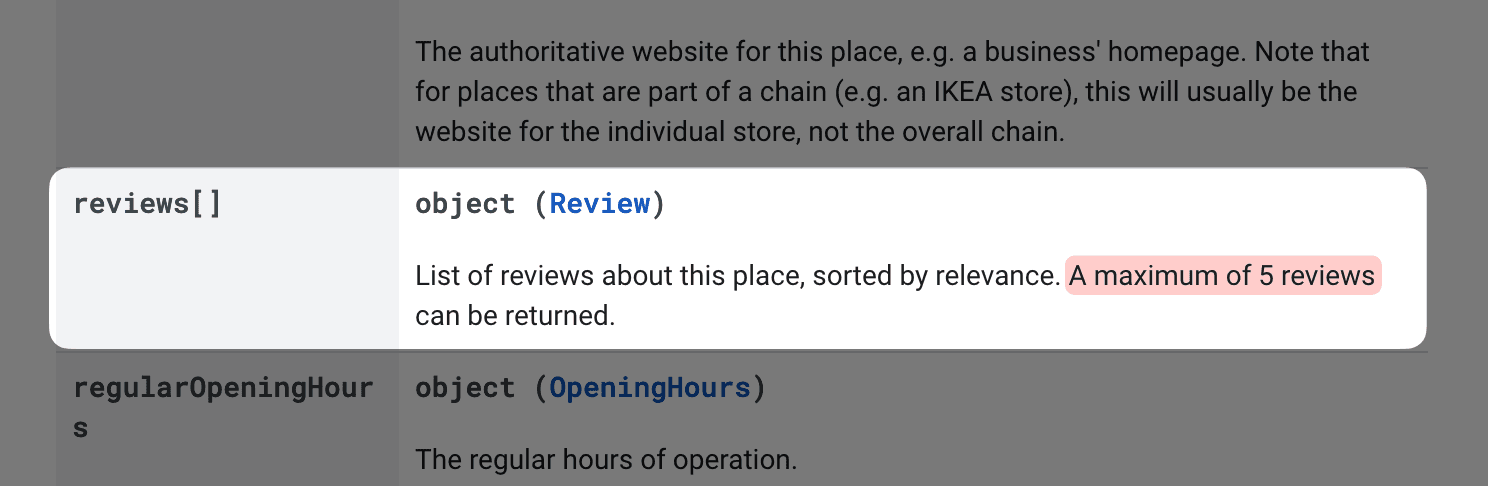 List of reviews about this place, sorted by relevance. A maximum of 5 reviews can be returned.